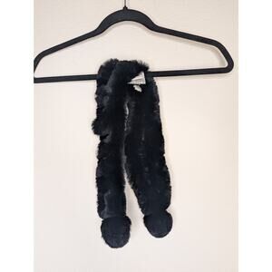 VTG Rabbit Fur Black Adjustable Luxurious Neck Scarf Pompoms